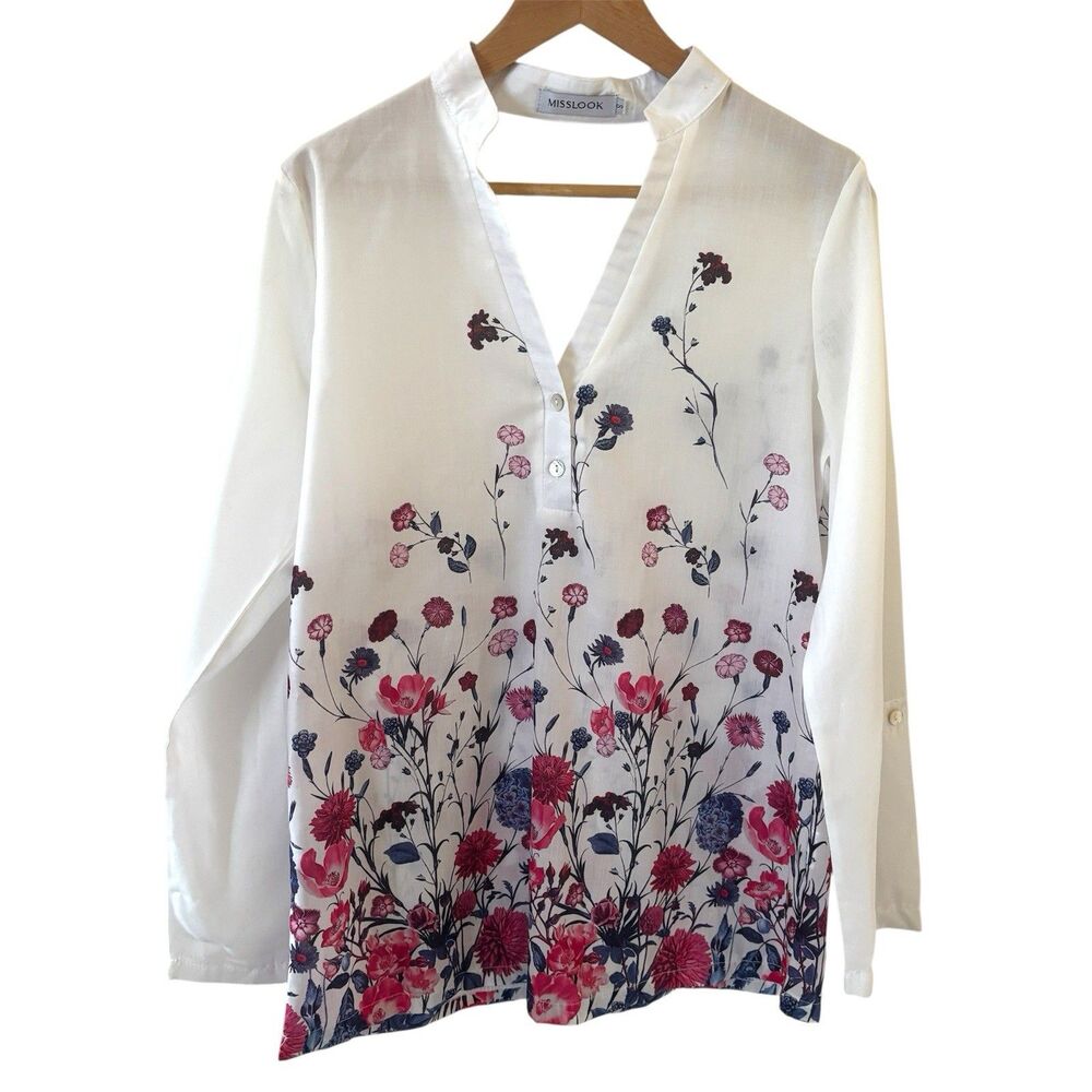 Floral Flowy Womens Blouse Long Sleeve Size Small White Asian Inspired Bloomcore